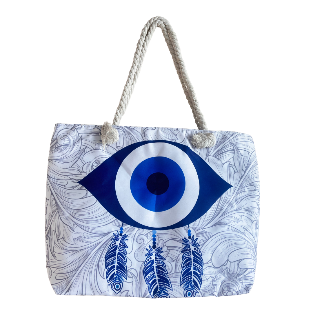 The Beach Party Edition:- Evil Eye Feather Print Beach Tote Bag with complimentary Pouch - The House of RajPadmini