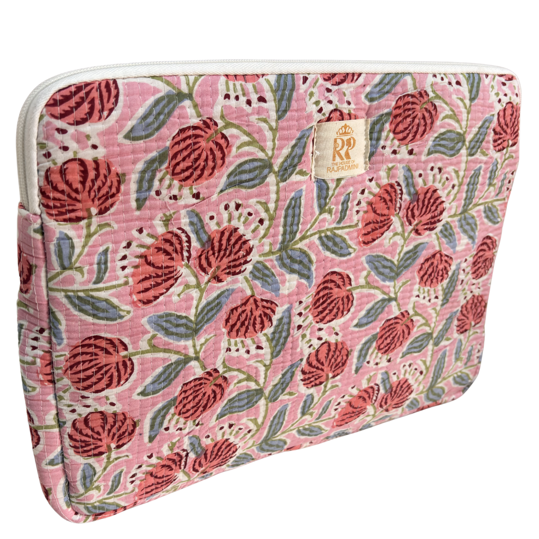 Floral Pink quilted laptop sleeve back panel with matching heritage cotton print