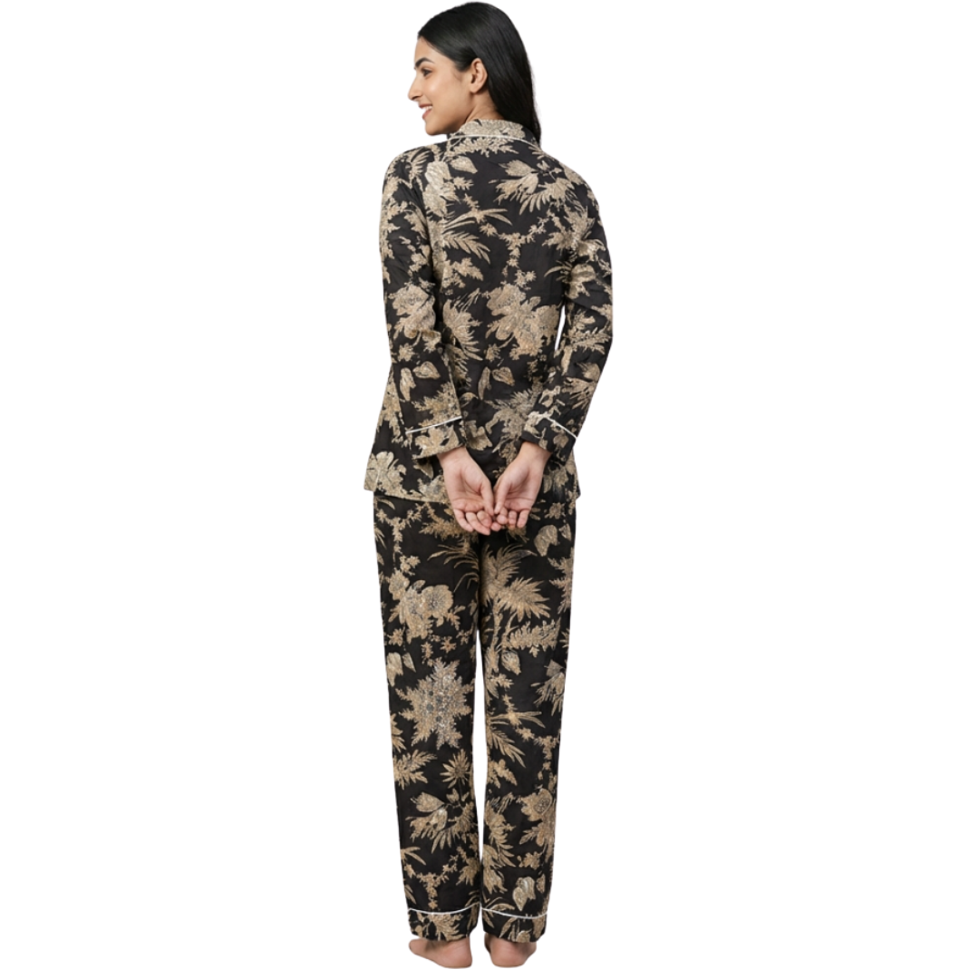 Gulmer by RajPadmini — The Night Blossom Mulmul Cotton Cord Set with matching Cover| Deep Black Nightsuit for Women | Breathable Loungewear with Collar Shirt & Pants