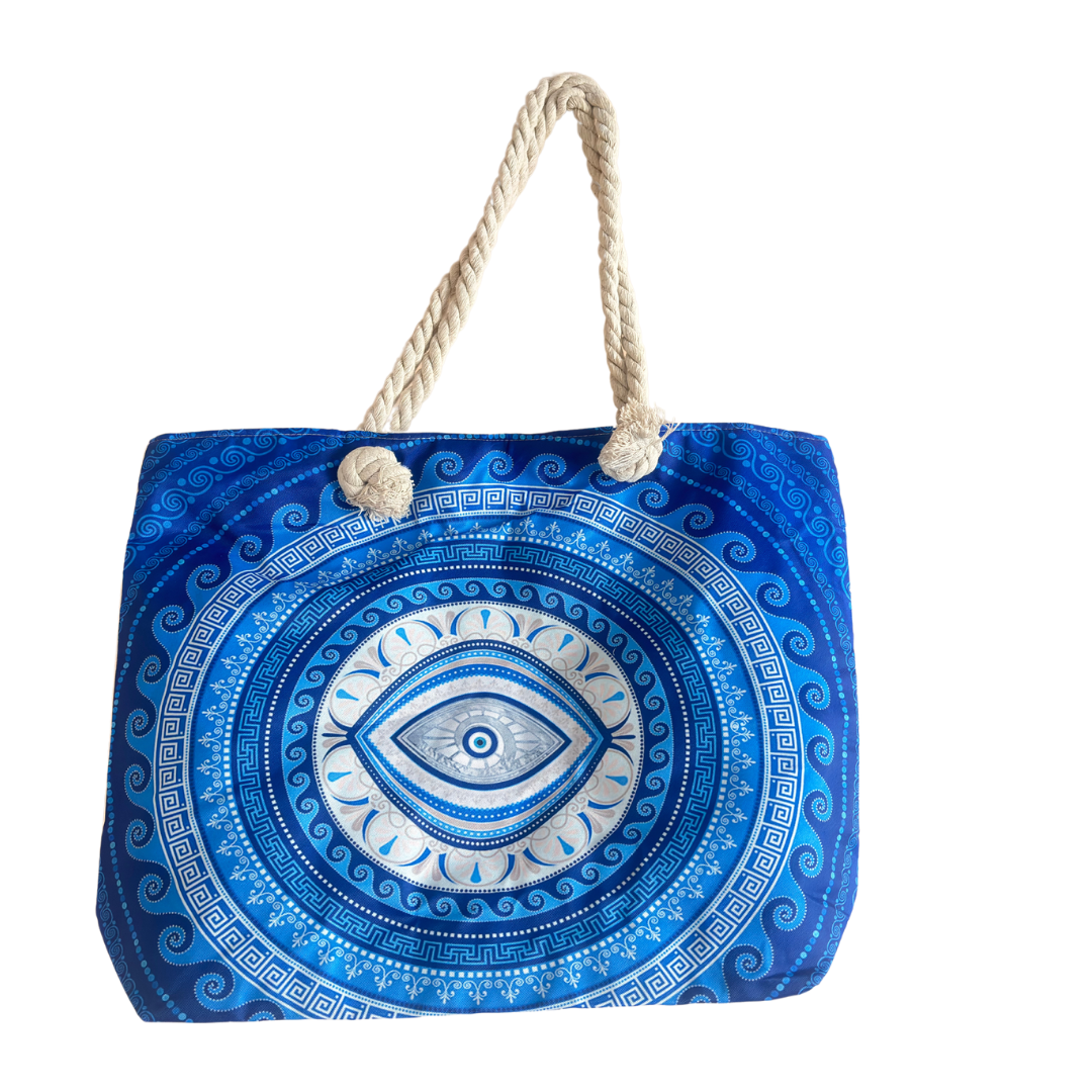 The Beach Party Edition:- Blue Evil Eye Print Beach Tote Bag with complimentary Pouch - The House of RajPadmini