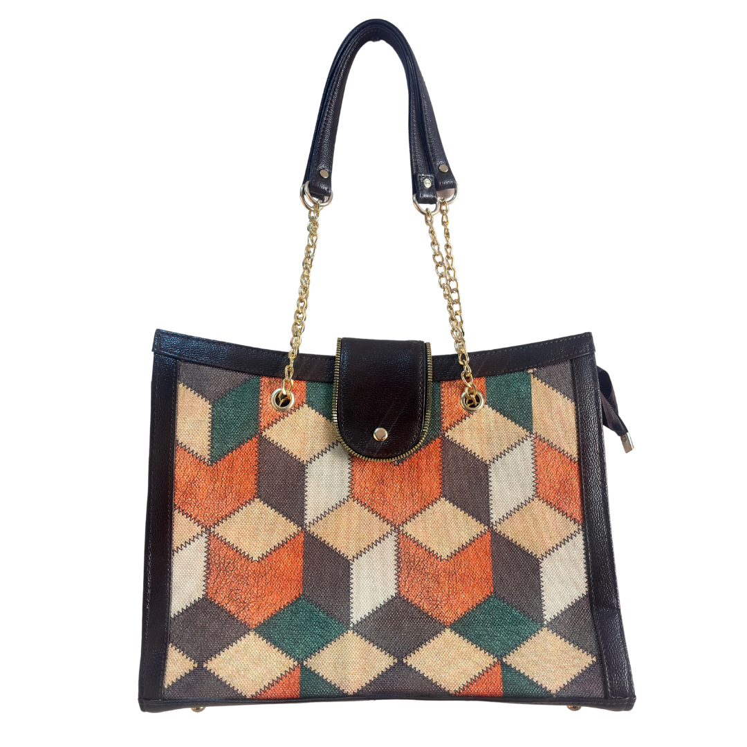 Chain Handle Tote Bag for Women | Rajasthani Block Print with Gold Chain Handles & Matching Pouch