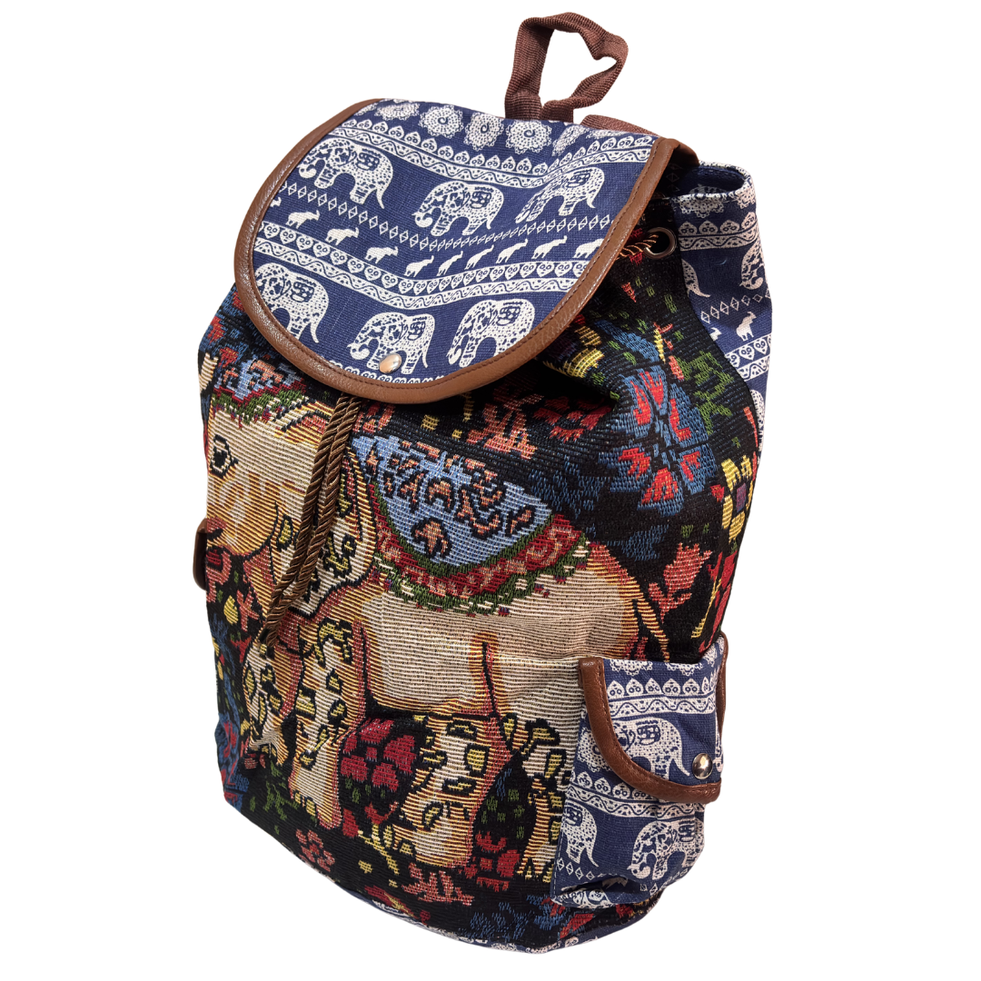 Trekking Paradise Edition: Canvas Black Elephant Print Drawstring Backpack