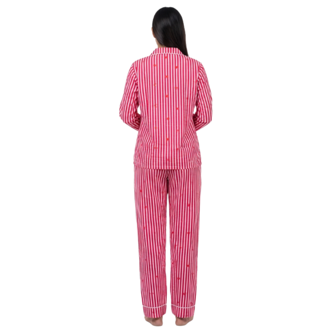 Gulmer by RajPadmini — Dil-e-Gulabi Mulmul Cotton Cord Set with matching Cover| Pink Striped Heart Print Nightsuit for Women | Breathable Loungewear with Collar Shirt & Pants