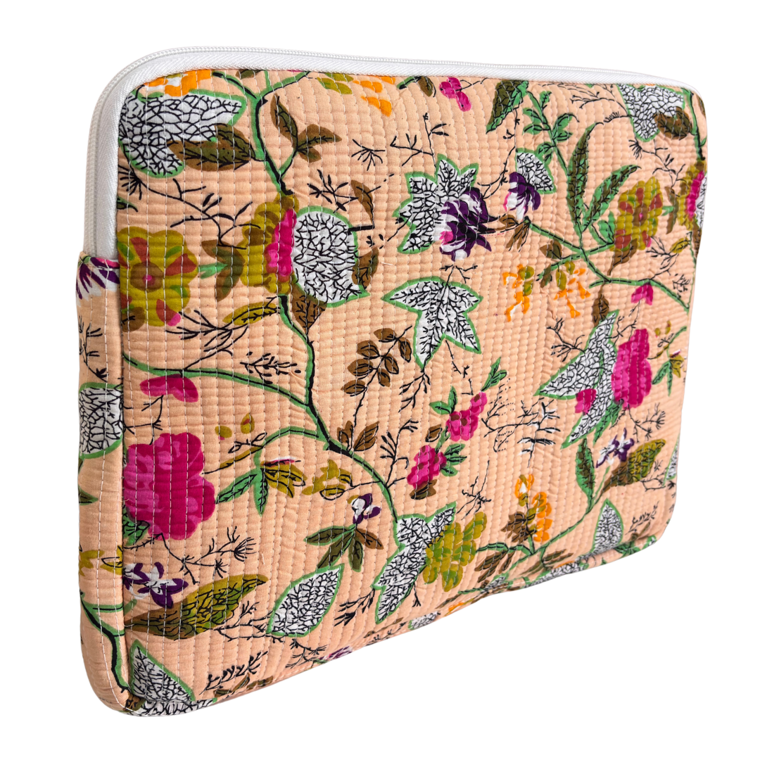 Quilted Cotton Laptop Sleeve with External Pocket — Handcrafted 14-inch Sleeve | The House of RajPadmini