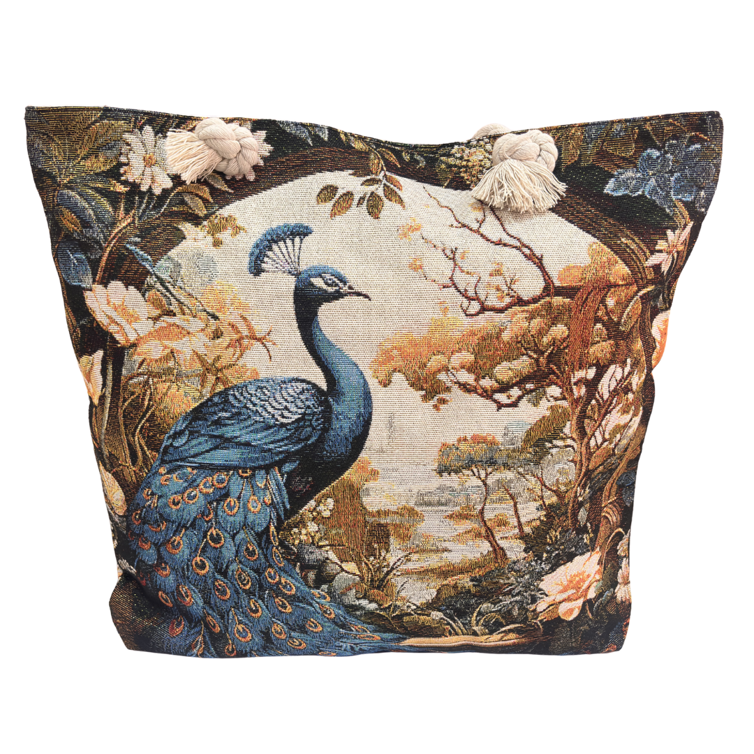 Peacock & Floral Print Canvas Beach Tote — Handcrafted Waterproof Tote with Zip Closure | The House of RajPadmini