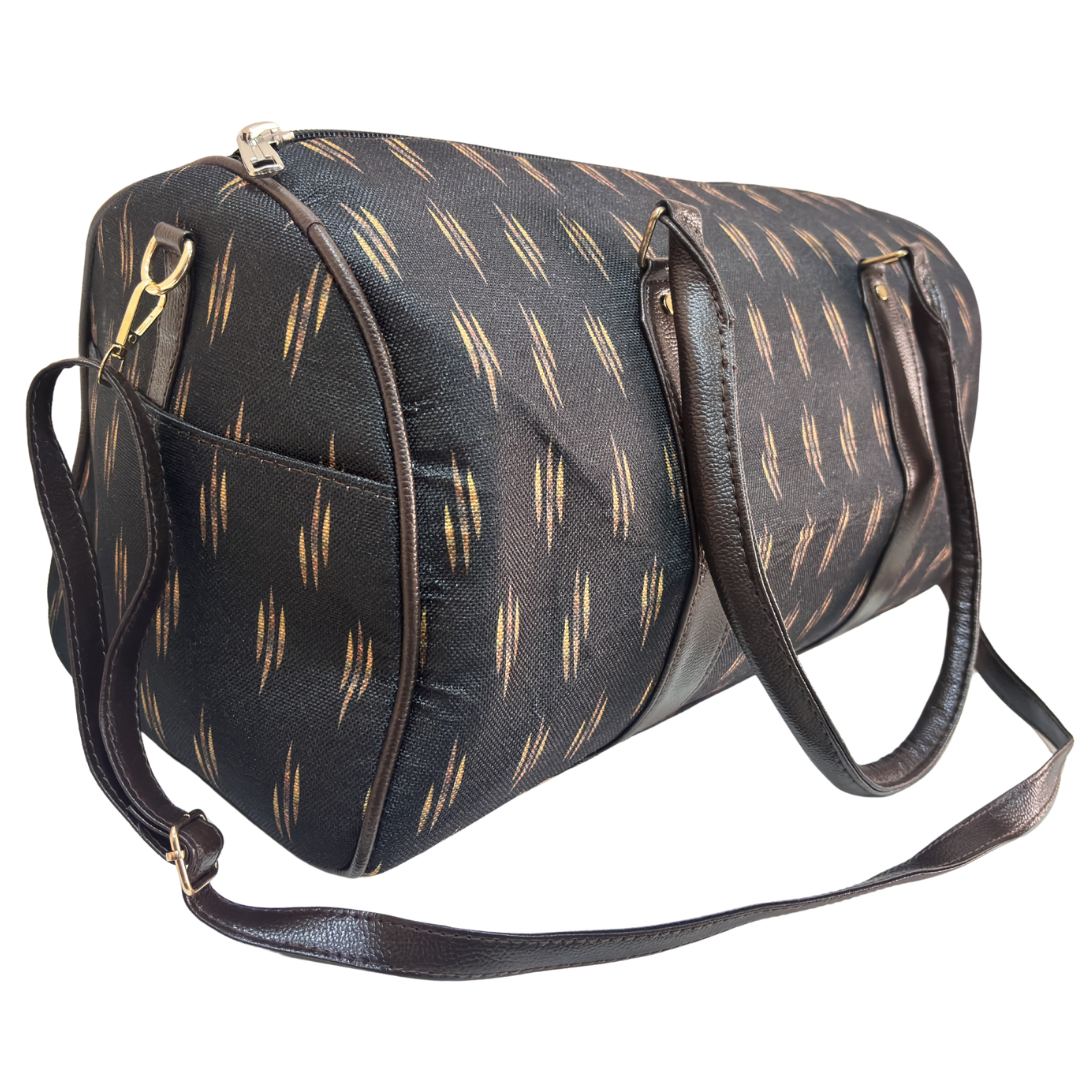 Close-up of black cotton blend fabric weave on RajPadmini handcrafted duffle bag