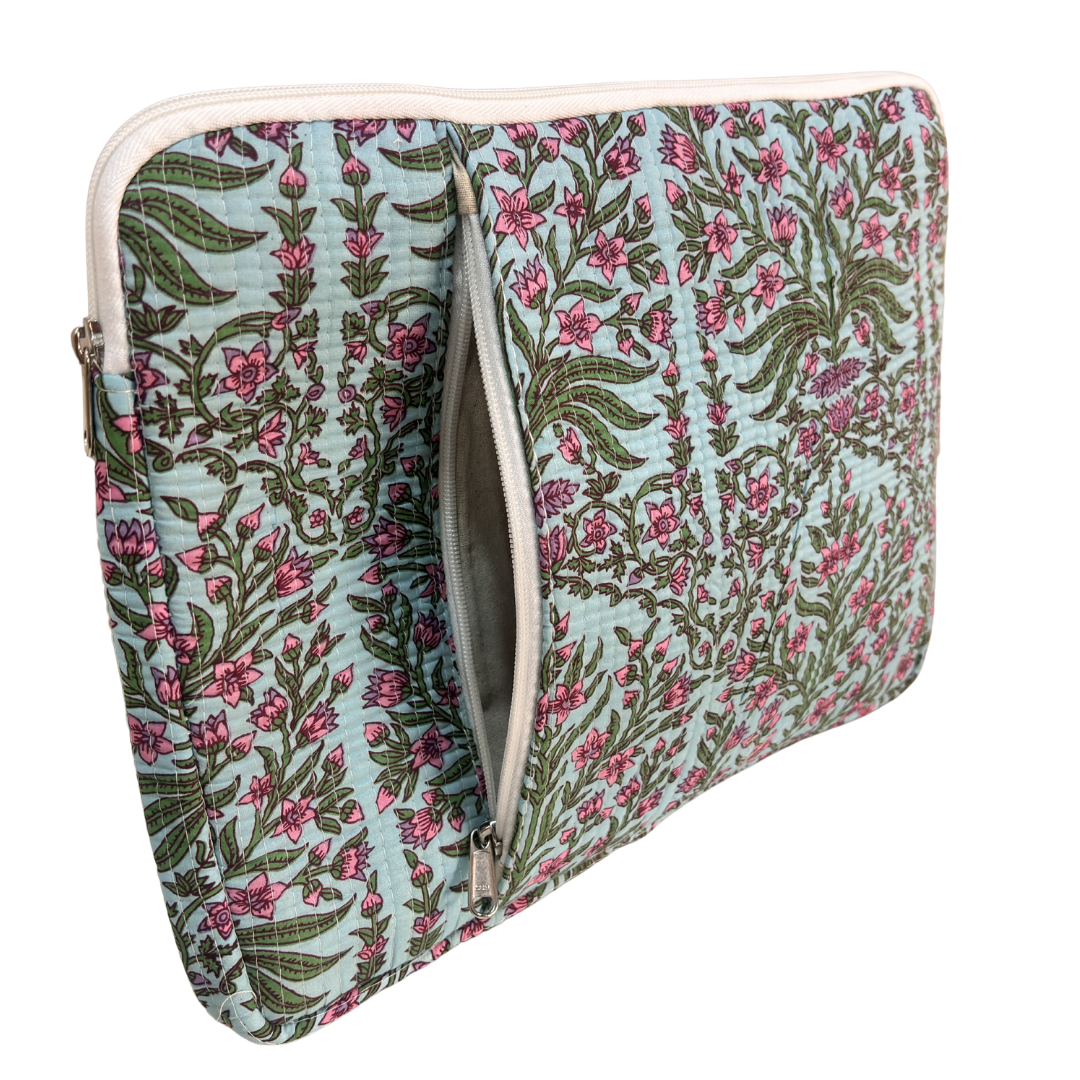 Azure Blue quilted laptop sleeve back panel with matching heritage cotton print