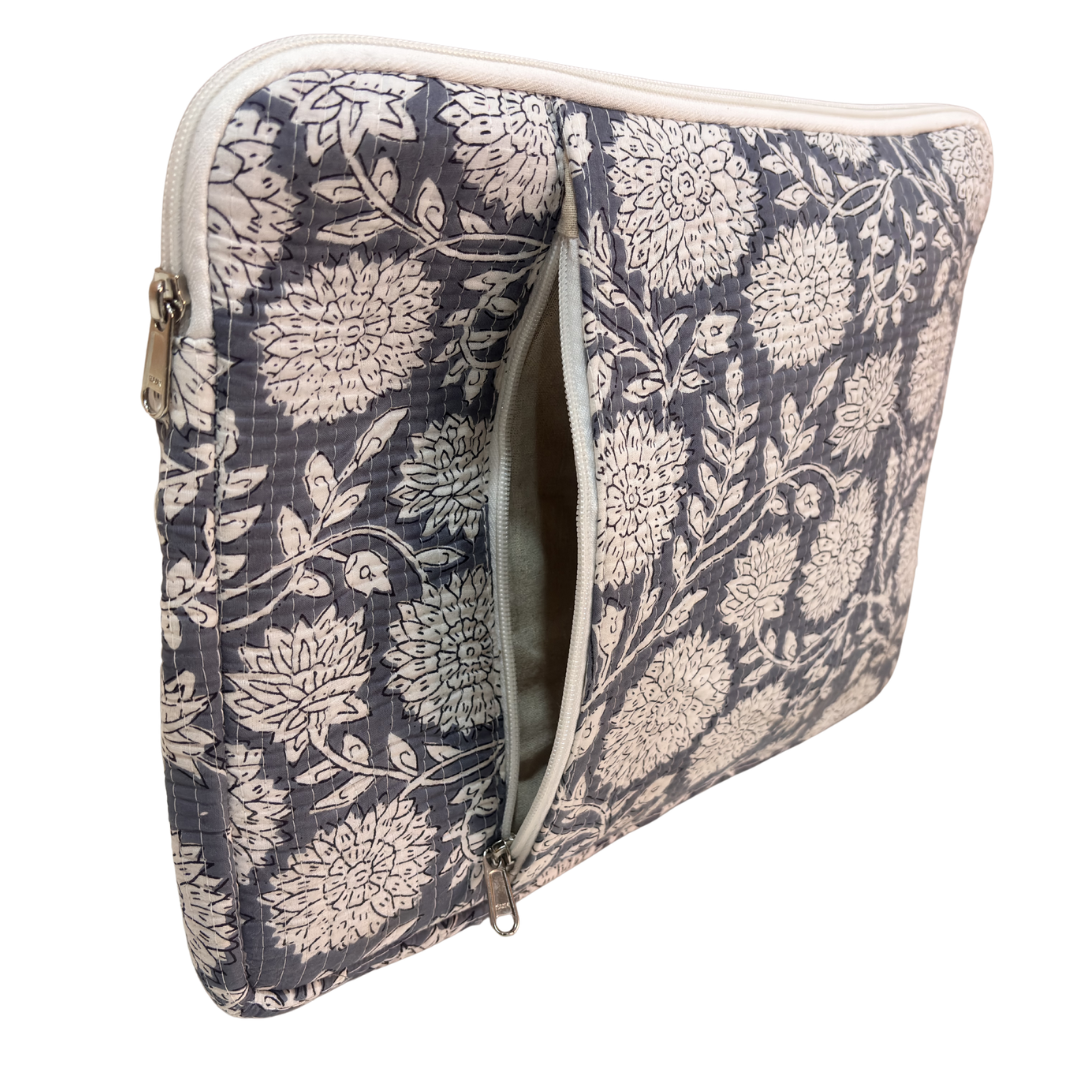 Grey quilted laptop sleeve back panel with matching cotton print