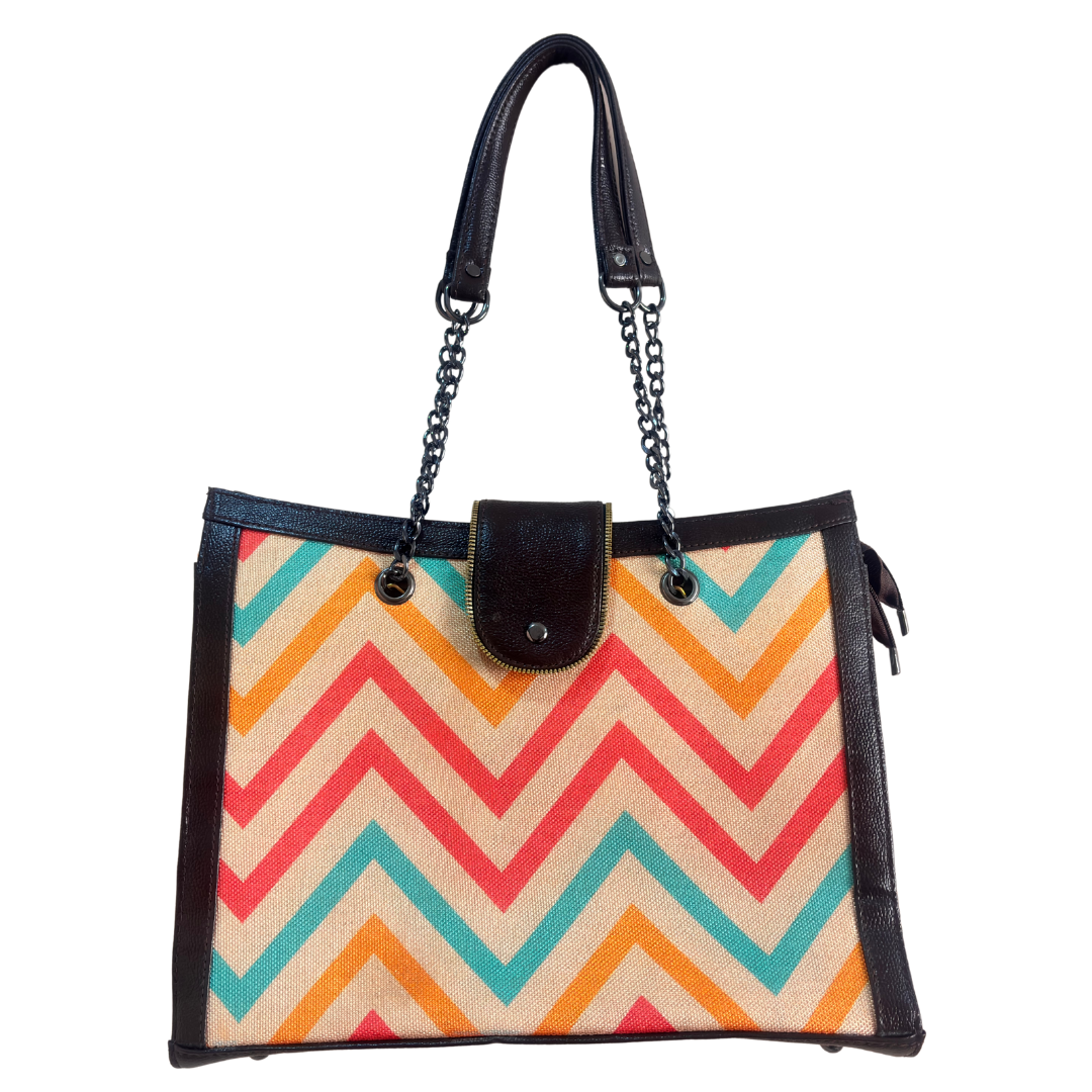 Chain Handle Tote Bag for Women | Rajasthani Block Print with Gold Chain Handles & Matching Pouch