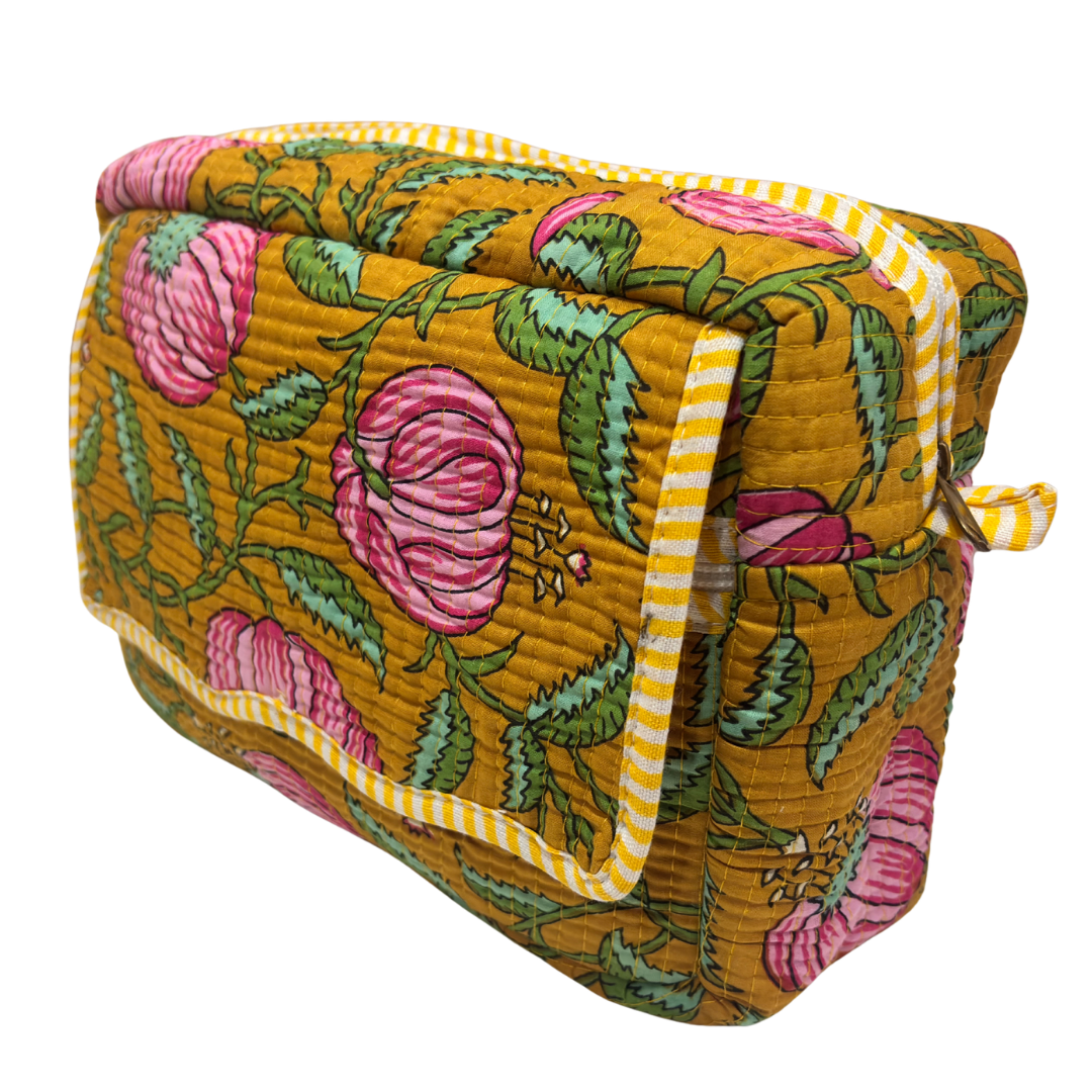 Multi-Pocket Travel Cosmetic Case with Flap & Front Zip — Handcrafted Quilted Block Print | RajPadmini