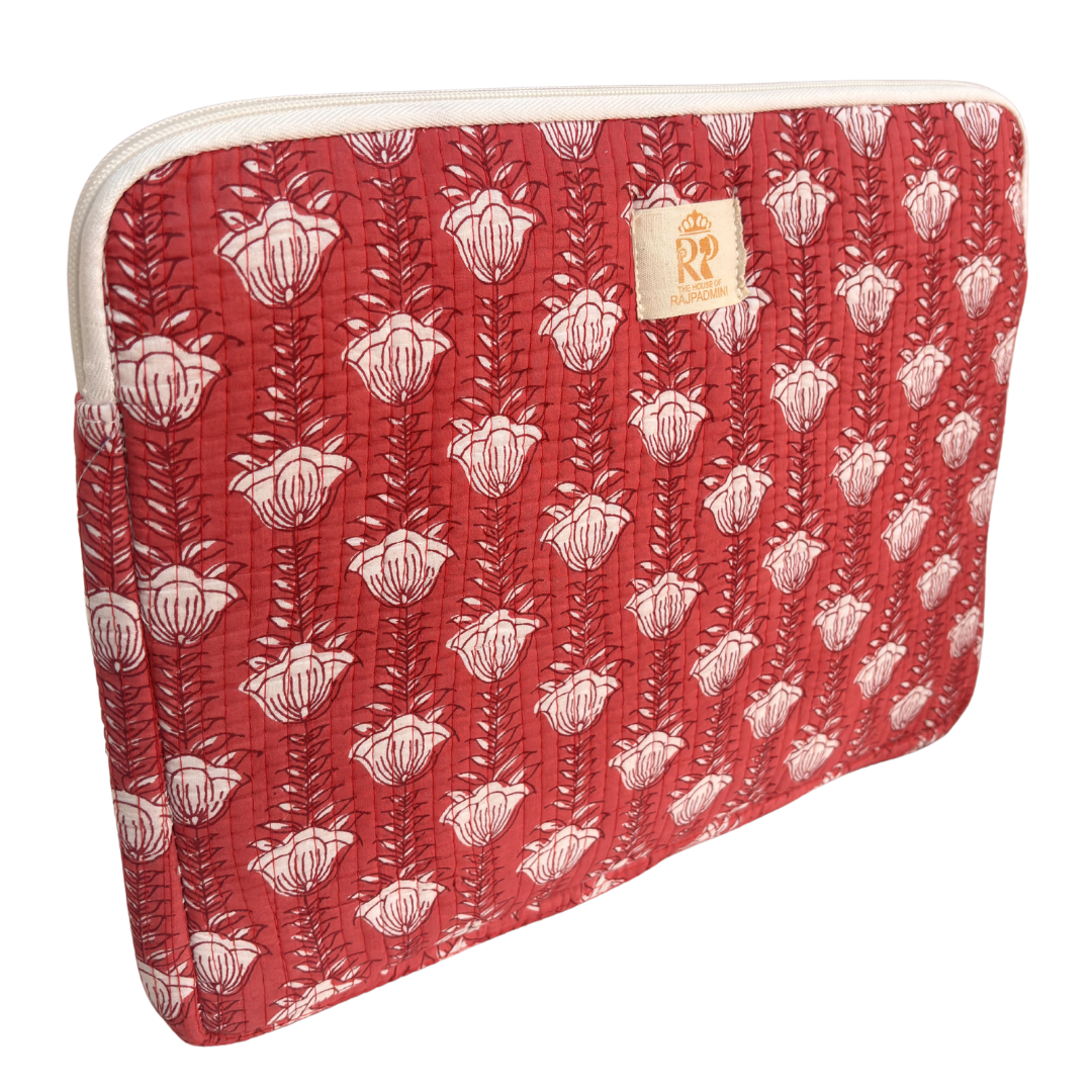Dark Pink quilted laptop sleeve back panel with matching heritage cotton print