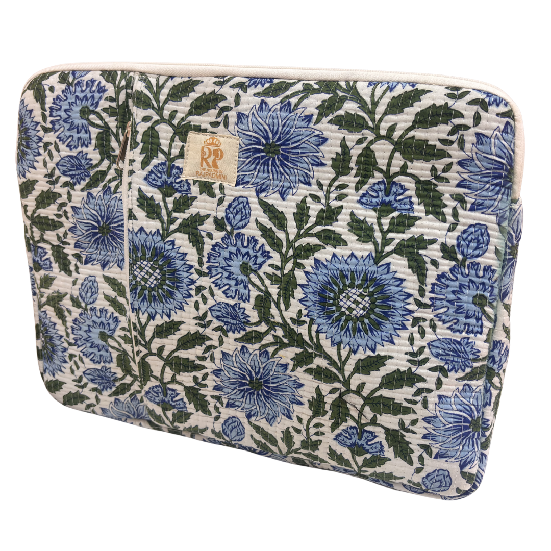 Quilted Cotton Laptop Sleeve with External Pocket — Handcrafted 14-inch Sleeve | The House of RajPadmini