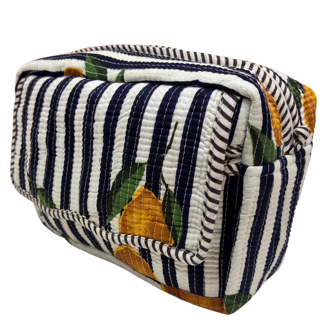Multi-Pocket Travel Cosmetic Case with Flap & Front Zip — Handcrafted Quilted Block Print | RajPadmini