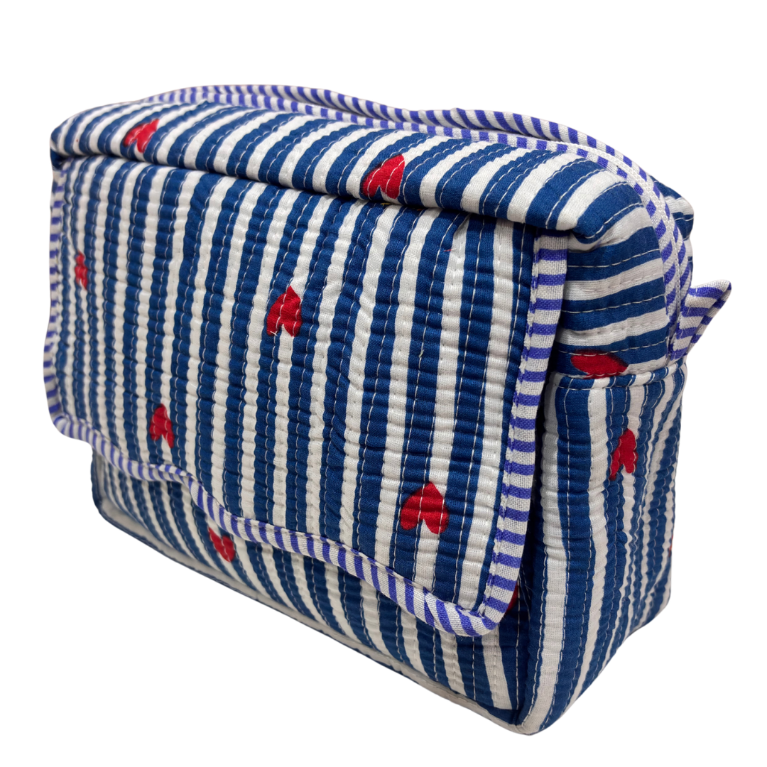 Multi-Pocket Travel Cosmetic Case with Flap & Front Zip — Handcrafted Quilted Block Print | RajPadmini