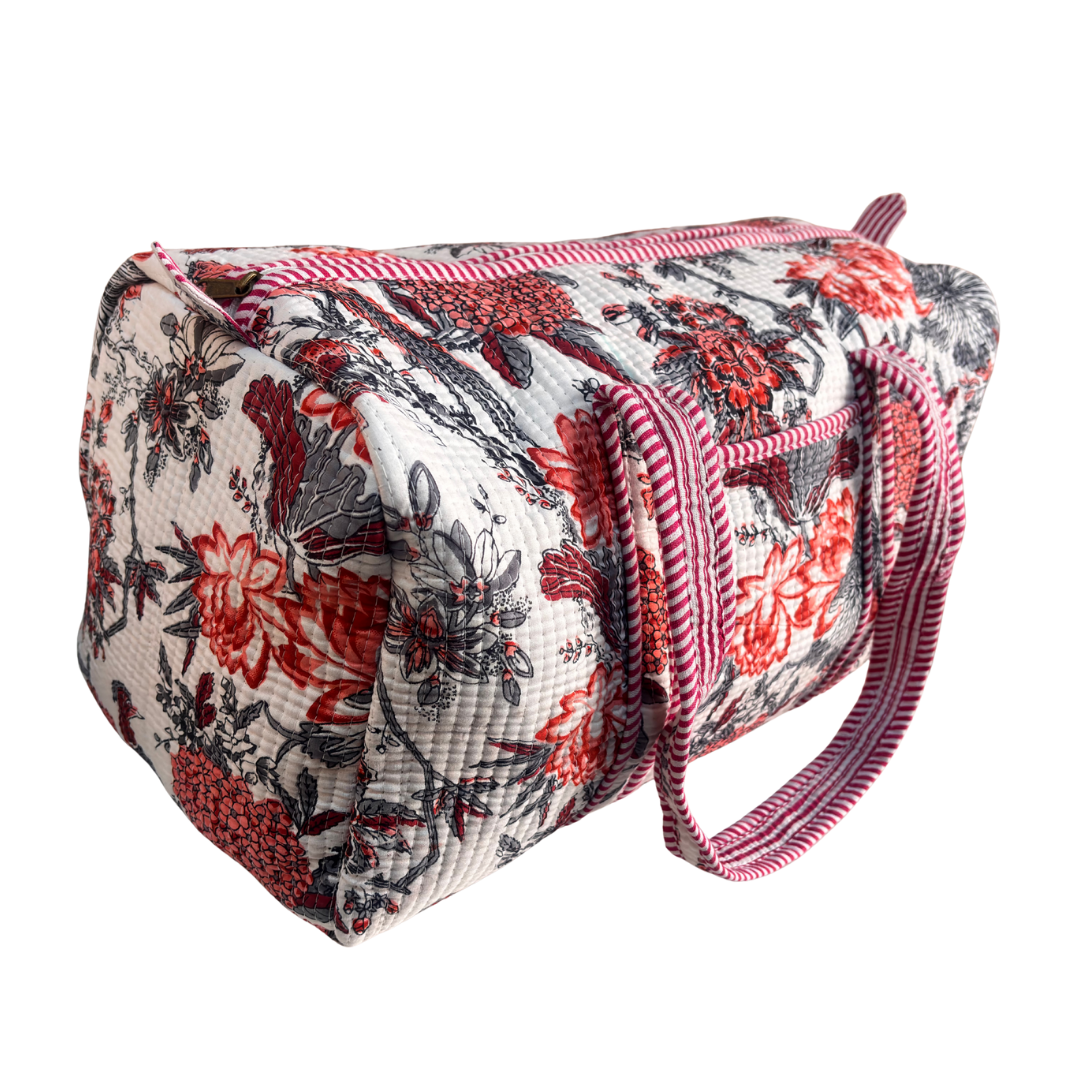 Close-up of quilted cotton floral fabric on Pushkar Balloon Floral White duffle by RajPadmini