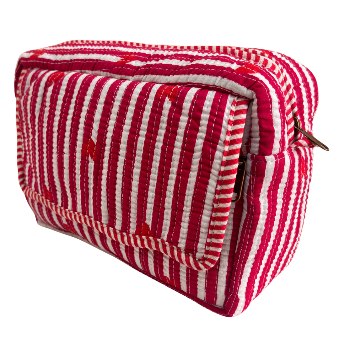 Multi-Pocket Travel Cosmetic Case with Flap & Front Zip — Handcrafted Quilted Block Print | RajPadmini