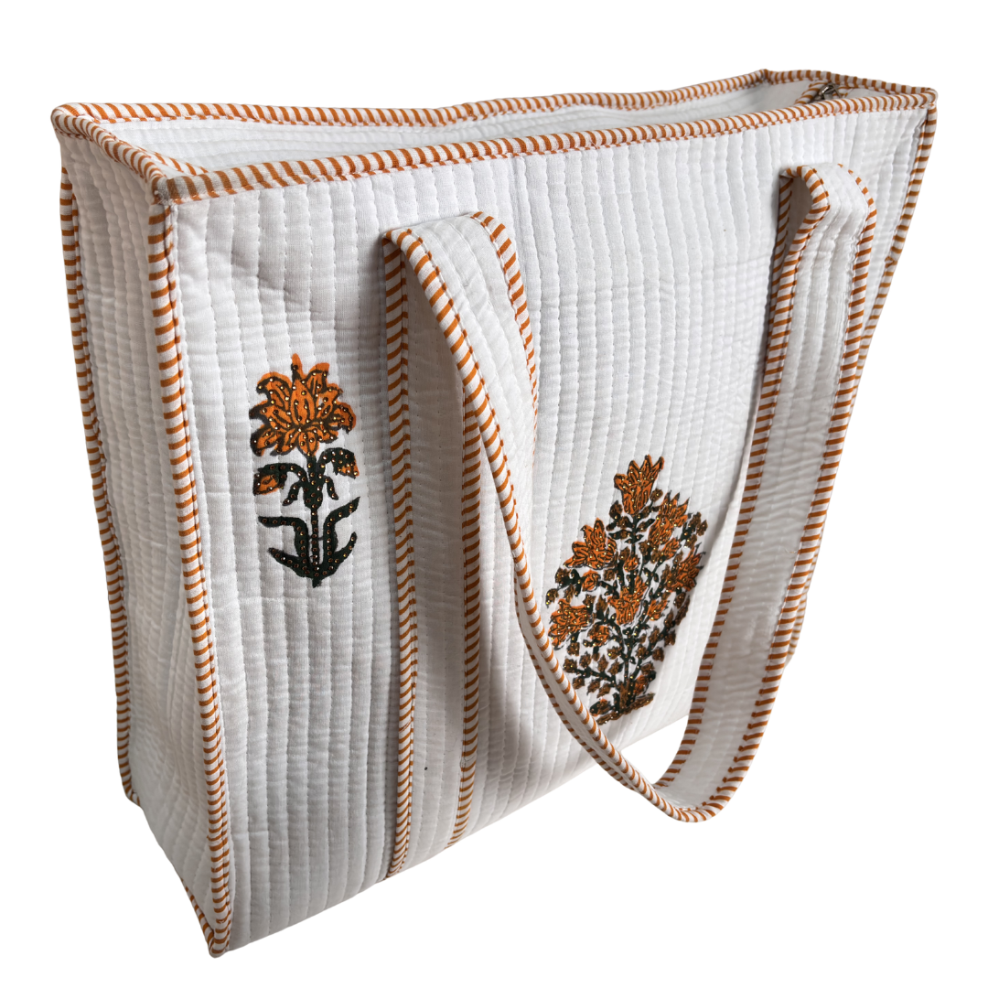 Quilted Cotton Shopping Tote Bag – Block Print, Handcrafted | The House of RajPadmini