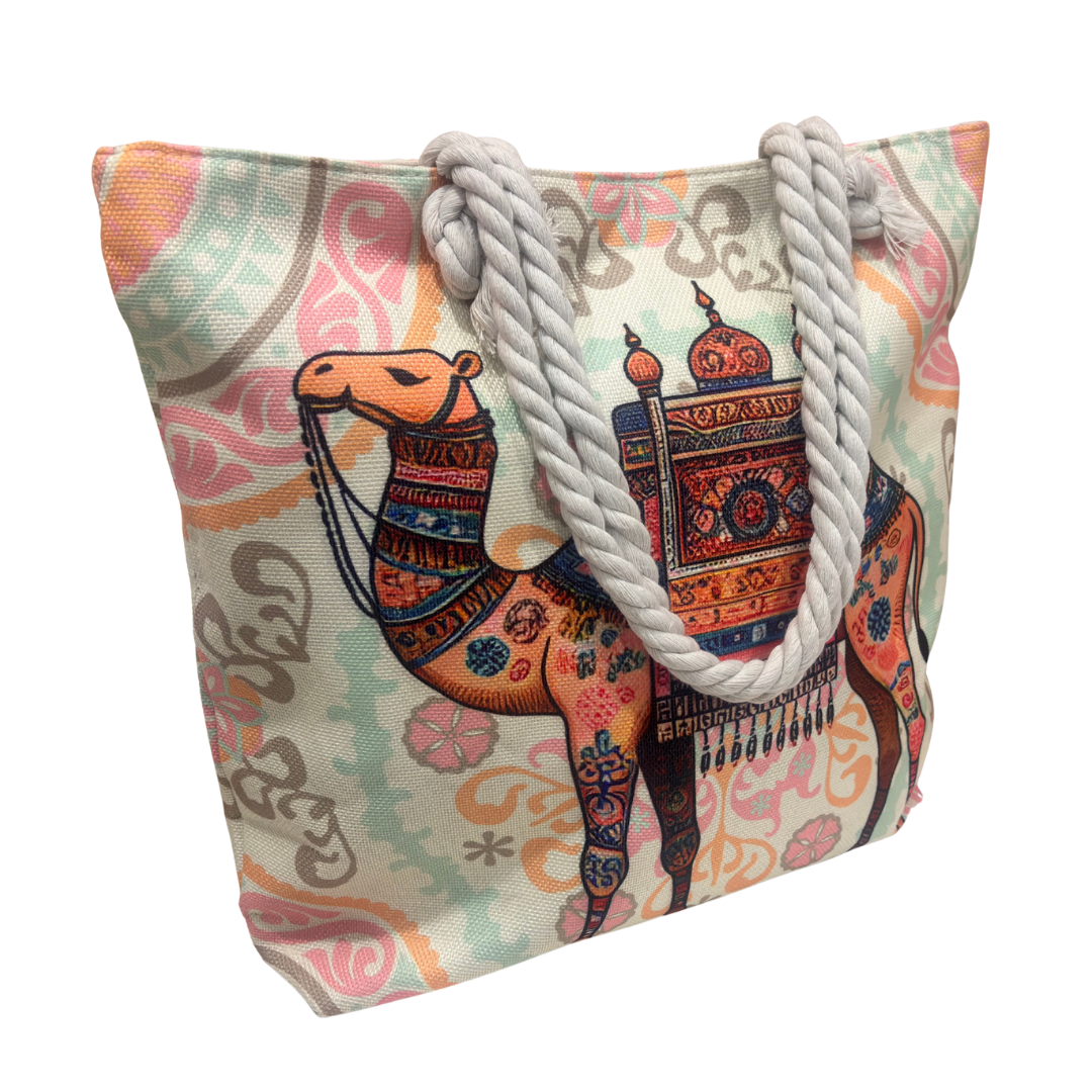 The House of RajPadmini Desert Caravan Edition | Waterproof Jaipuri Print Beach Tote with Peacock & Camel Motifs