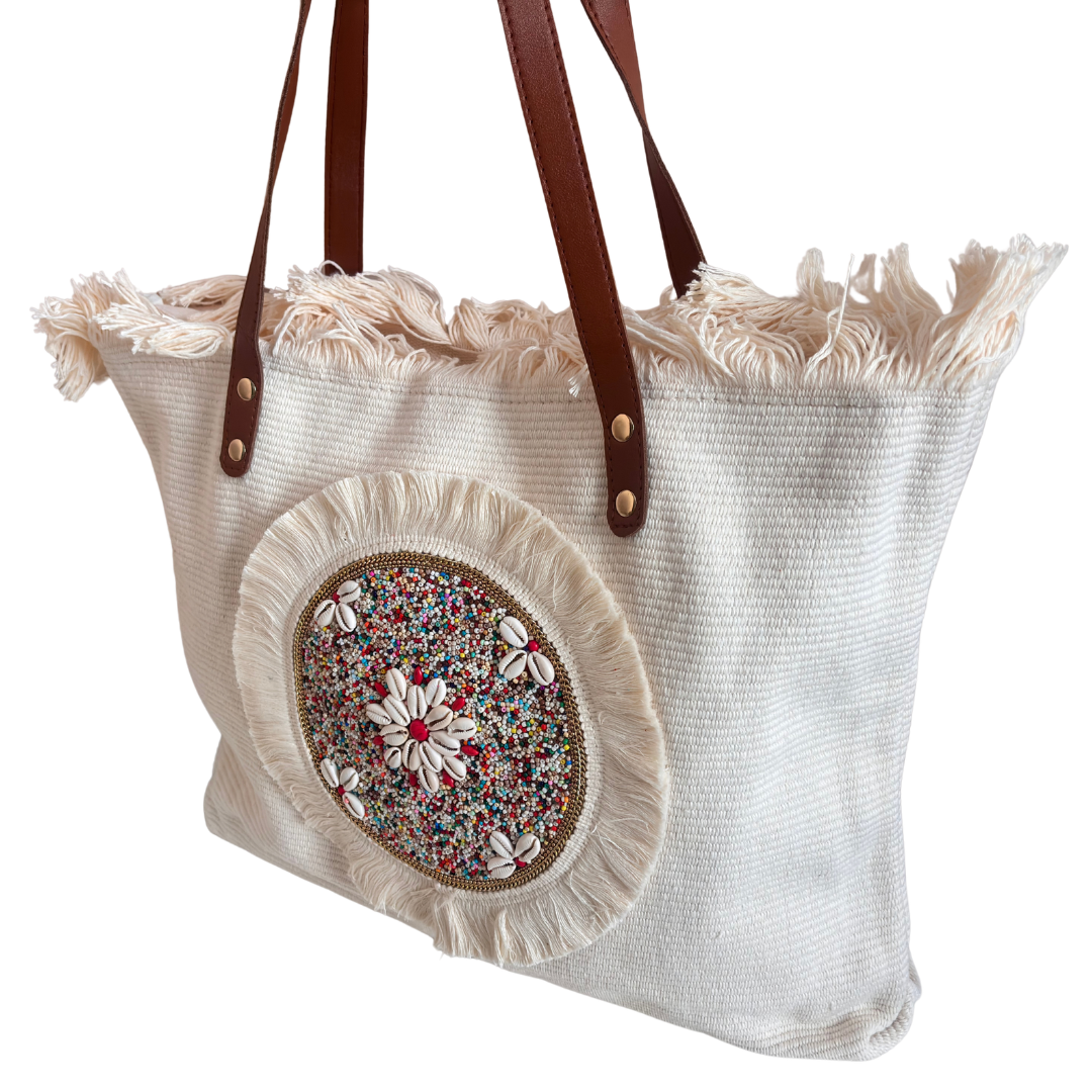 Beaded Canvas Tote Bag for Women | Hand-Embellished Bohemian Tote