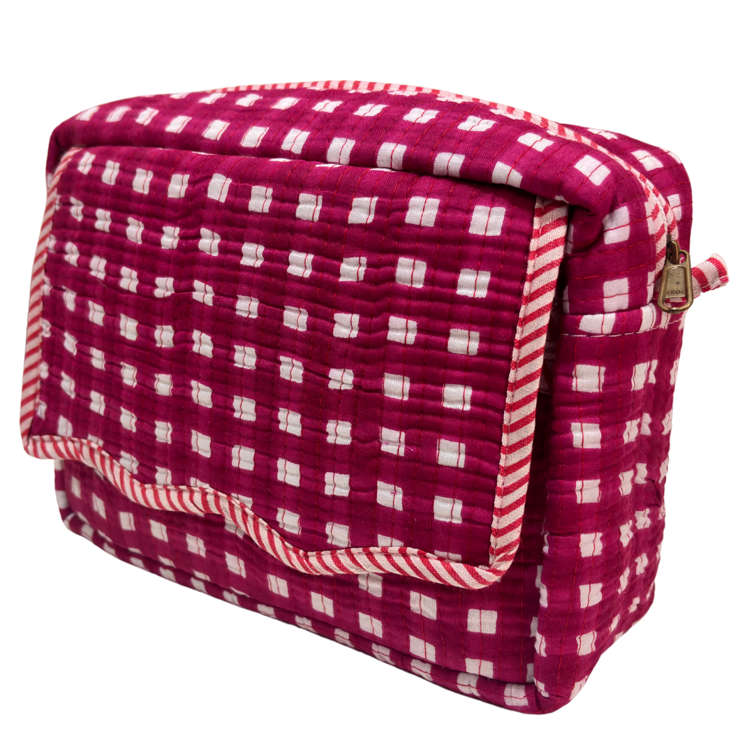 Interior view of RajPadmini cosmetic case — leak-proof parachute-fabric lining with four patch pockets
