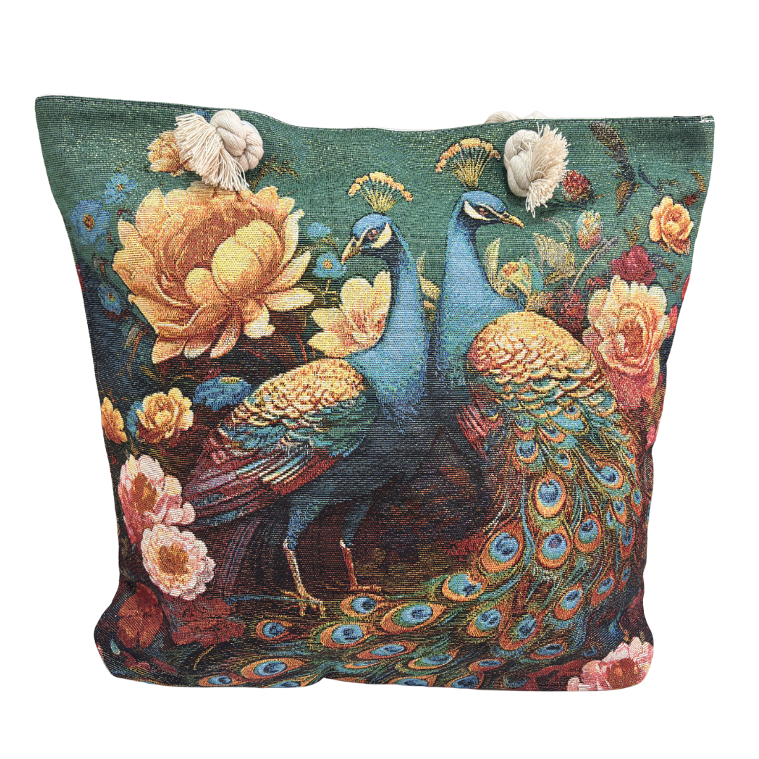 Peacock & Floral Print Canvas Beach Tote — Handcrafted Waterproof Tote with Zip Closure | The House of RajPadmini