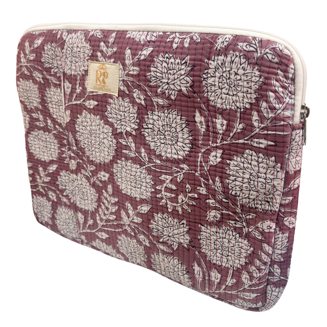 Quilted Cotton Laptop Sleeve with External Pocket — Handcrafted 14-inch Sleeve | The House of RajPadmini