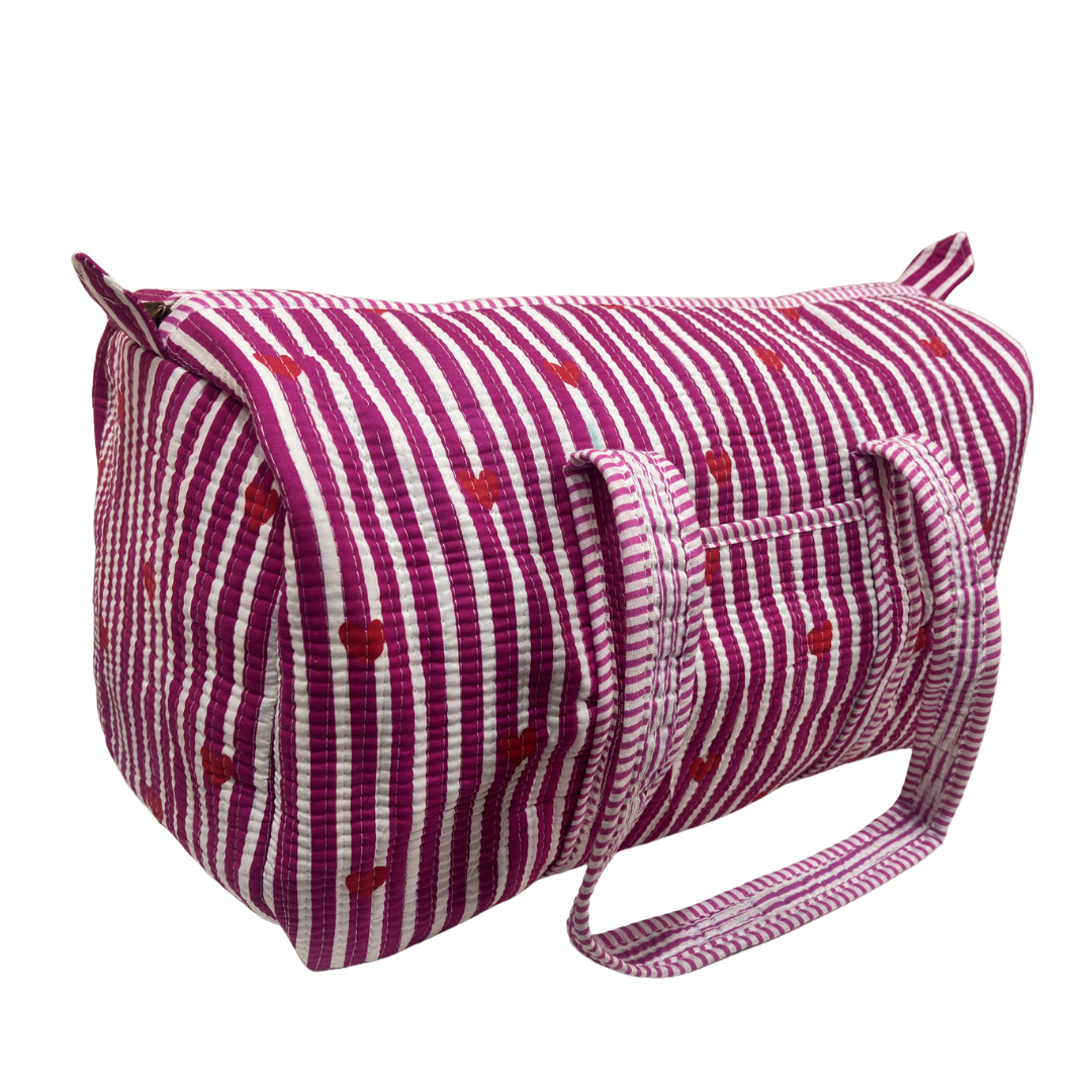 Close-up of quilted cotton fabric on Pushkar Balloon Pink duffle by RajPadmini