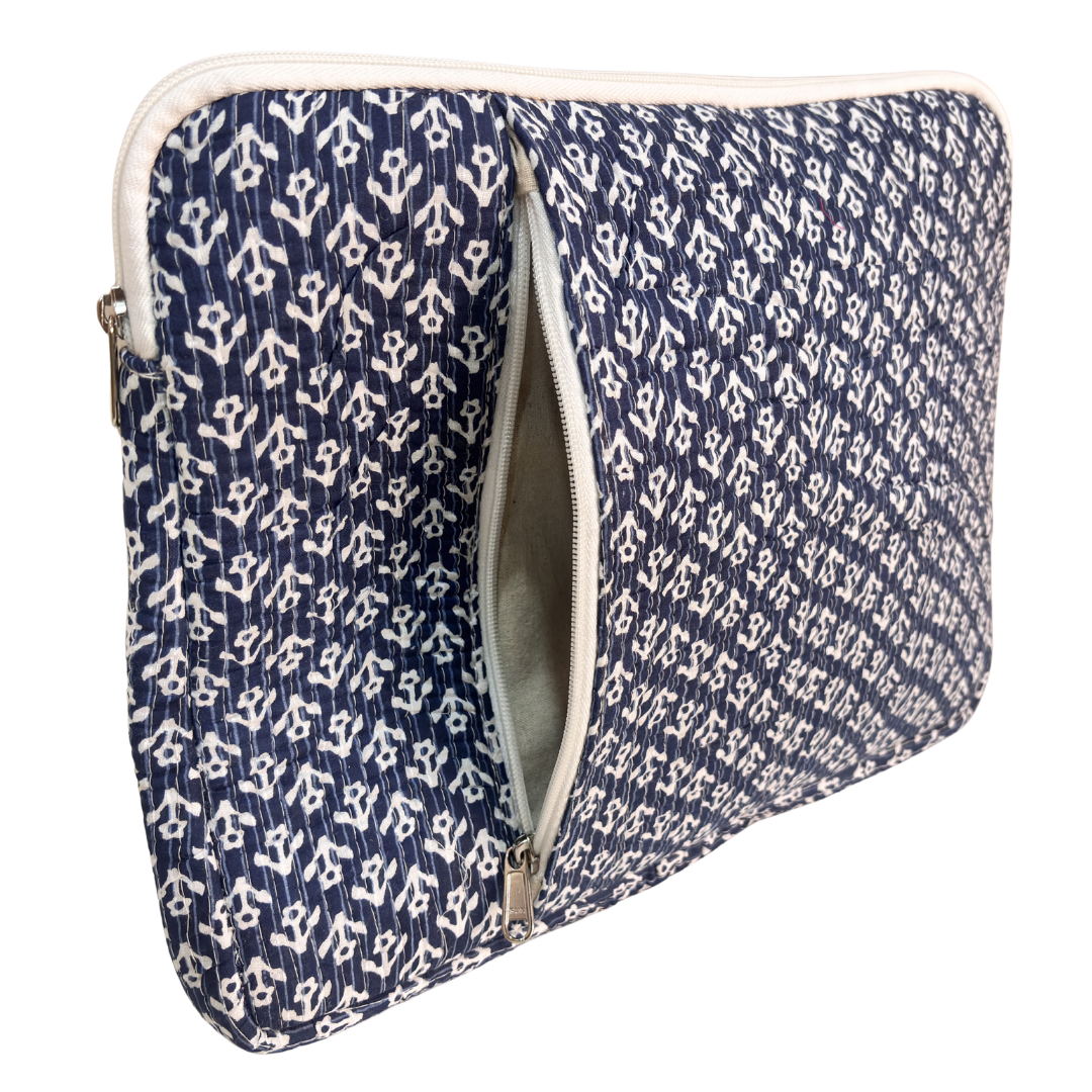 Indigo Blue quilted laptop sleeve back panel with matching heritage cotton print