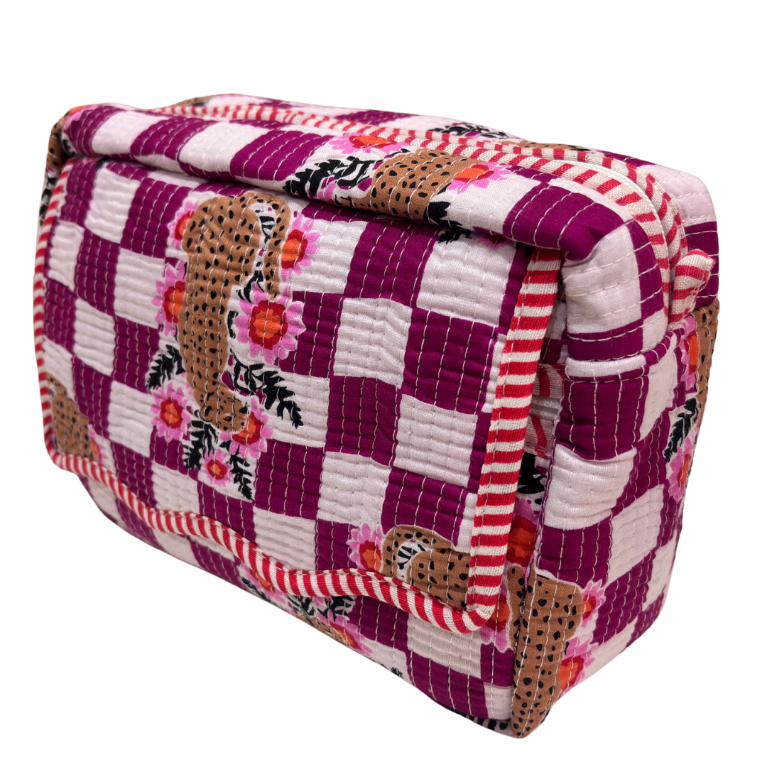 Multi-Pocket Travel Cosmetic Case with Flap & Front Zip — Handcrafted Quilted Block Print | RajPadmini