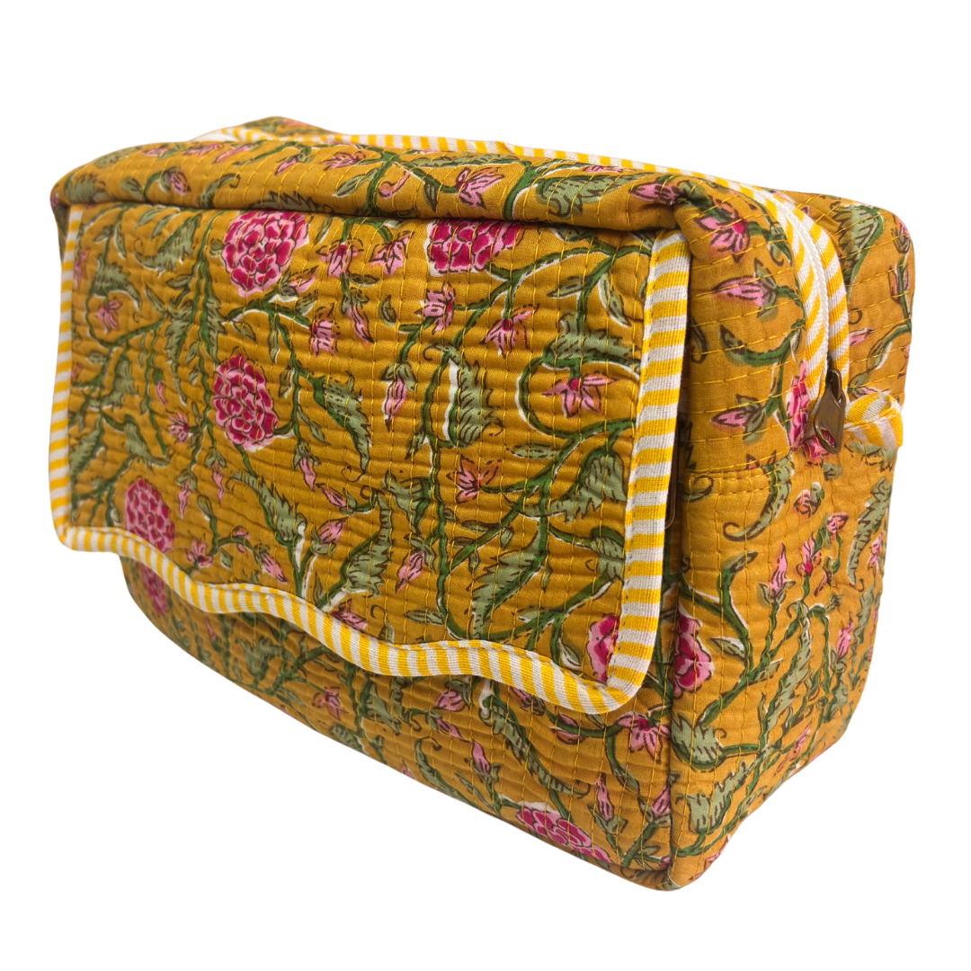 Multi-Pocket Travel Cosmetic Case with Flap & Front Zip — Handcrafted Quilted Block Print | RajPadmini