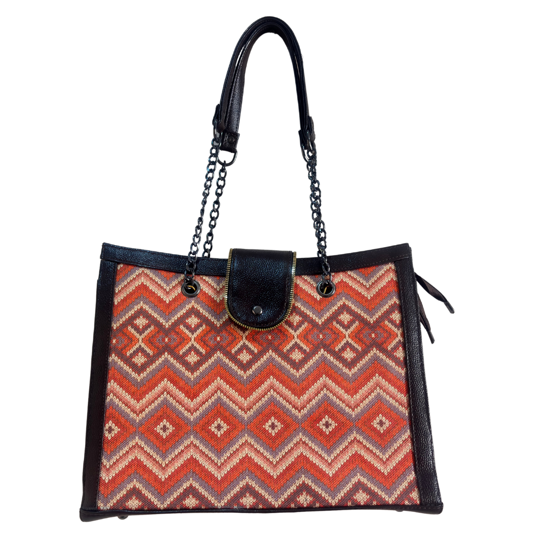 Chain Handle Tote Bag for Women | Rajasthani Block Print with Gold Chain Handles & Matching Pouch