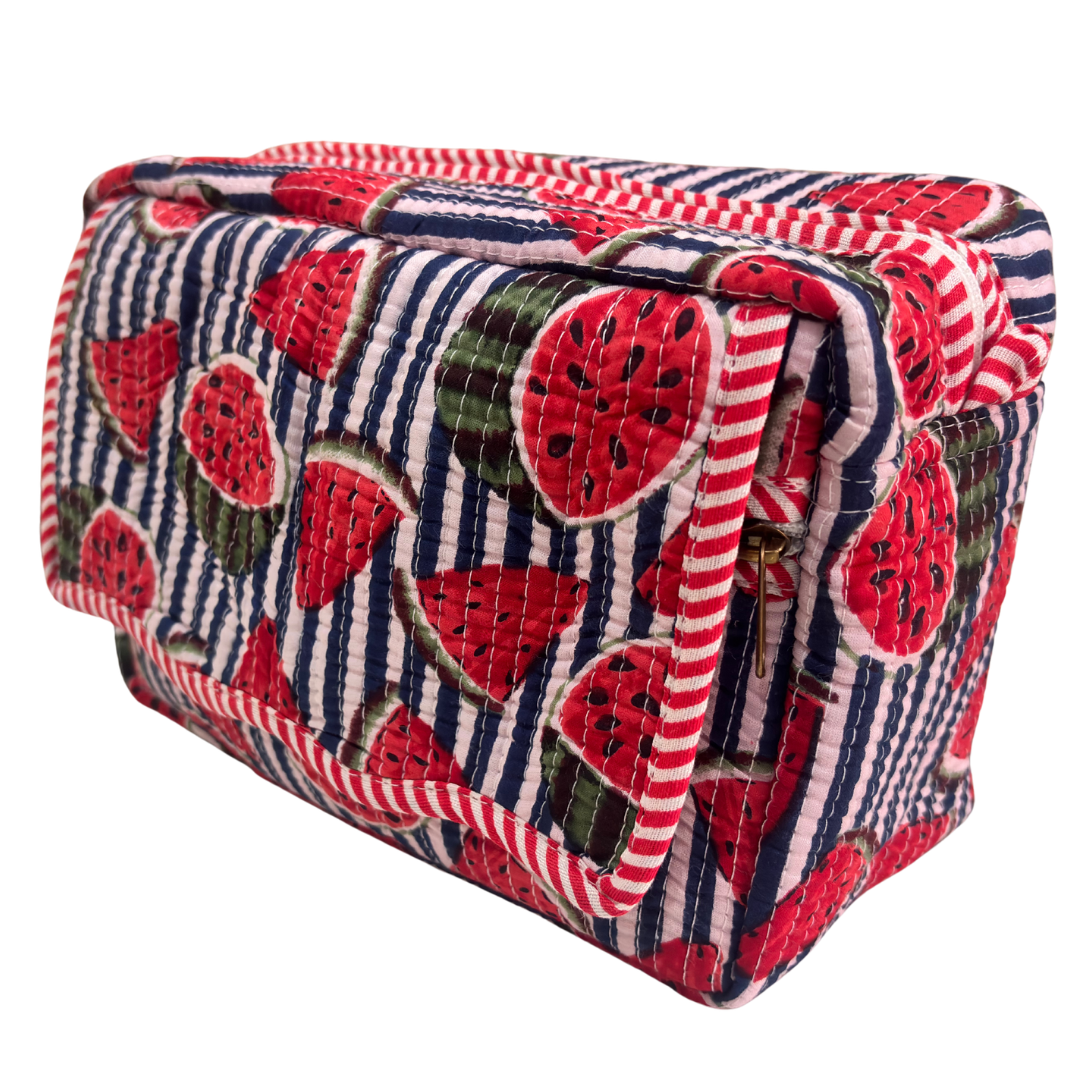 Multi-Pocket Travel Cosmetic Case with Flap & Front Zip — Handcrafted Quilted Block Print | RajPadmini