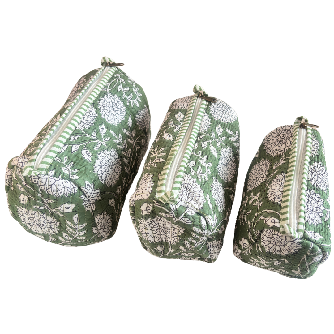 The Alfred Edition Travel Accessory:- Premium Waterproof Quilted Floral Green Cotton Beauty/Travel Organizer Bag for Men & Women (Set of 3) - The House of RajPadmini