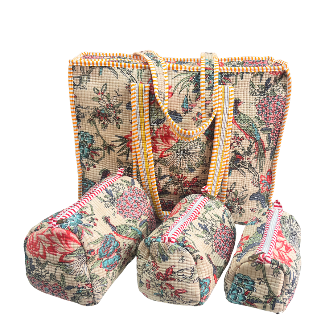 4-in-1 Festive Gifting COMBO : Premium Quilted Tote Bag + 3 Waterproof Pouches = Your Complete Organization Solution!