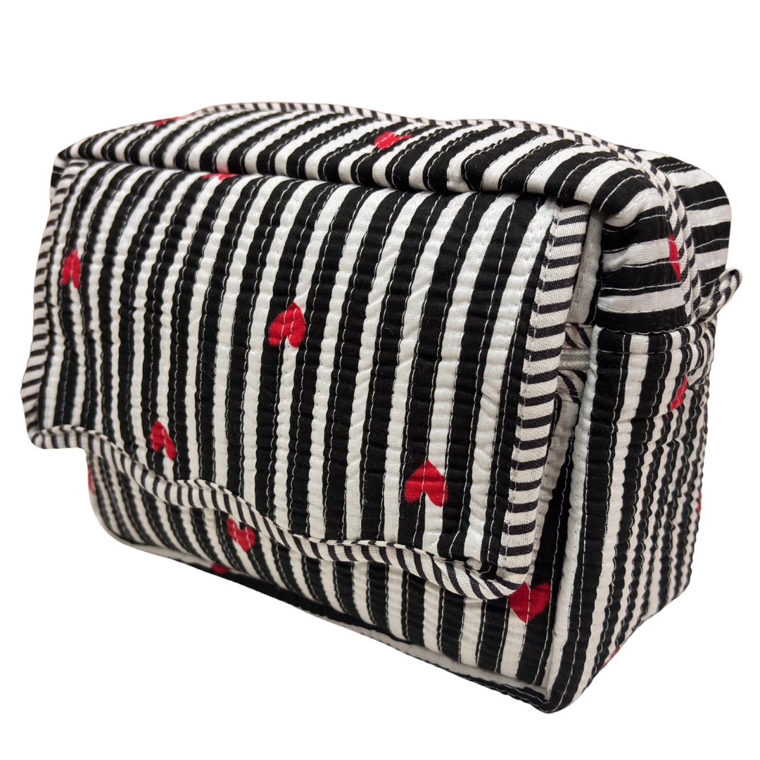Multi-Pocket Travel Cosmetic Case with Flap & Front Zip — Handcrafted Quilted Block Print | RajPadmini