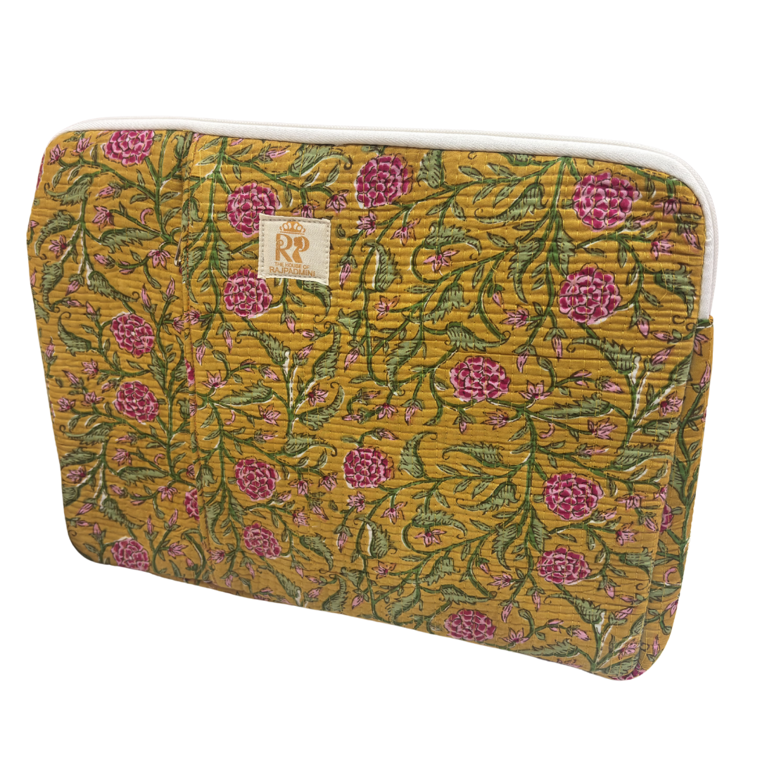 Quilted Cotton Laptop Sleeve with External Pocket — Handcrafted 14-inch Sleeve | The House of RajPadmini