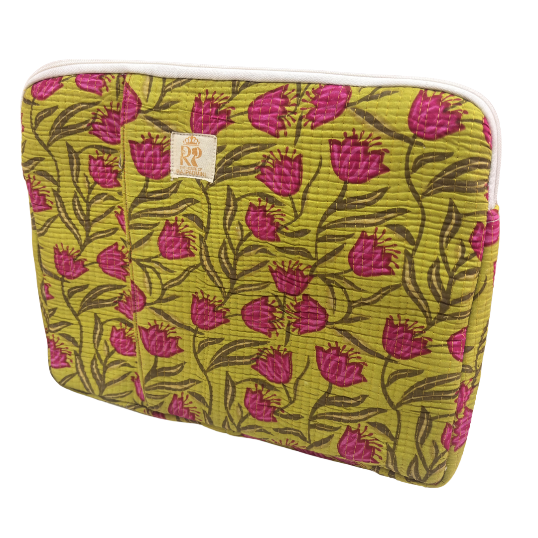 Quilted Cotton Laptop Sleeve with External Pocket — Handcrafted 14-inch Sleeve | The House of RajPadmini