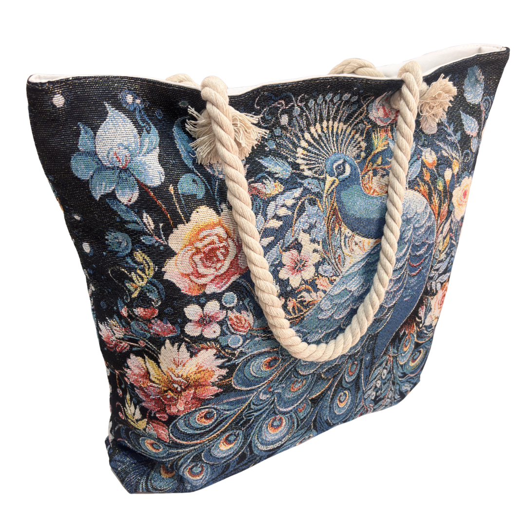 Peacock & Floral Print Canvas Beach Tote — Handcrafted Waterproof Tote with Zip Closure | The House of RajPadmini
