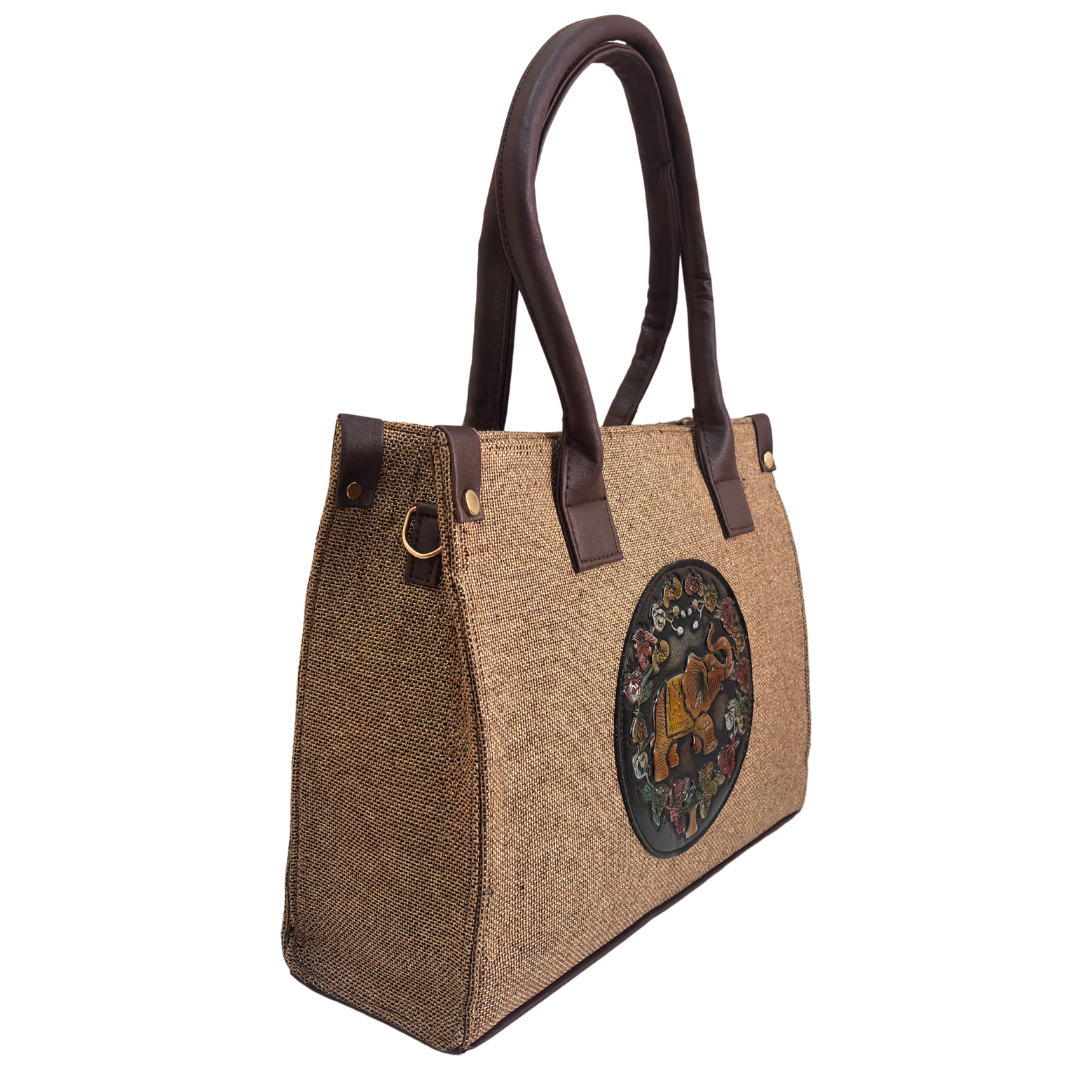 The House of RajPadmini Jute Tote Bag with Medallion Embossed Print