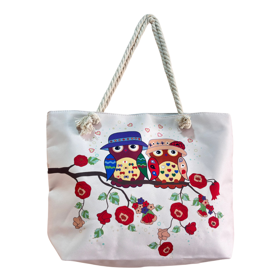 The Beach Party Edition:- Owl Print White Beach Tote Bag with complimentary Pouch