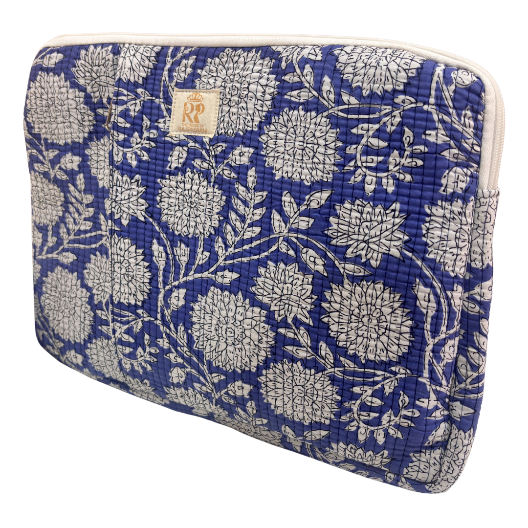 Quilted Cotton Laptop Sleeve with External Pocket — Handcrafted 14-inch Sleeve | The House of RajPadmini