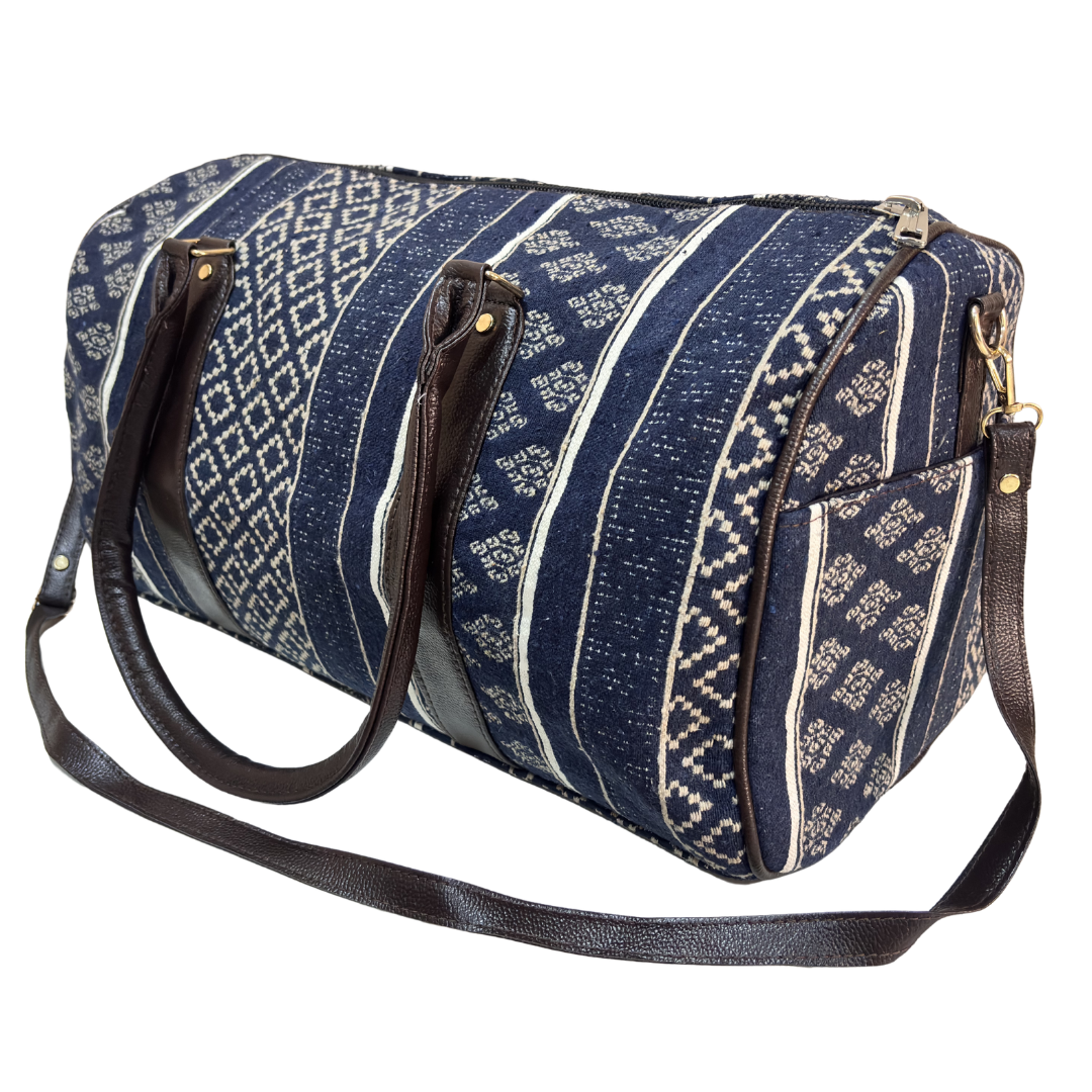 Close-up of Jodhpur Blue cotton blend fabric on RajPadmini handcrafted duffle bag