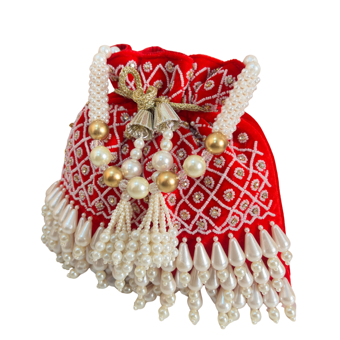 The House of RajPadmini Velvet Pearl Embroidered Potli Bag