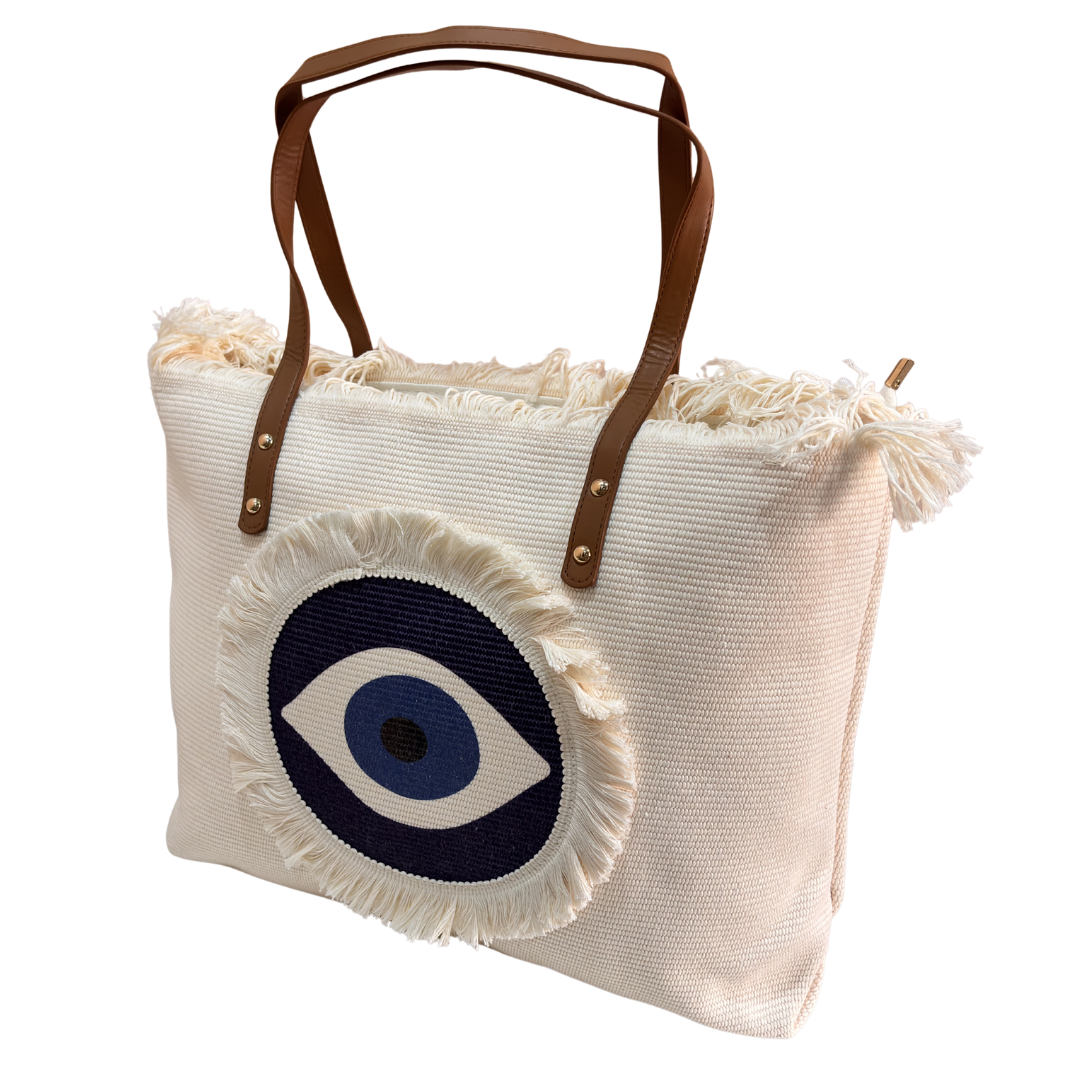 Evil Eye Canvas Tote Bag — Handcrafted Cotton Canvas with Nazar Motif & Zip Closure | The House of RajPadmini