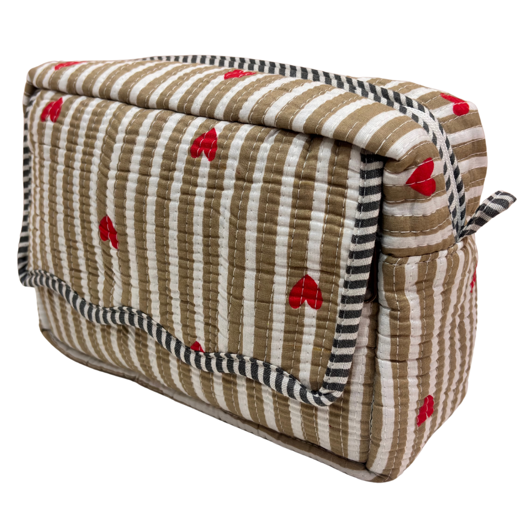 Multi-Pocket Travel Cosmetic Case with Flap & Front Zip — Handcrafted Quilted Block Print | RajPadmini