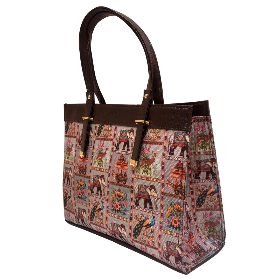 Rajwada Convertible Handbag for Women | Ethnic Chevron Print with Detachable Strap & Matching Pouch | Office to Evening