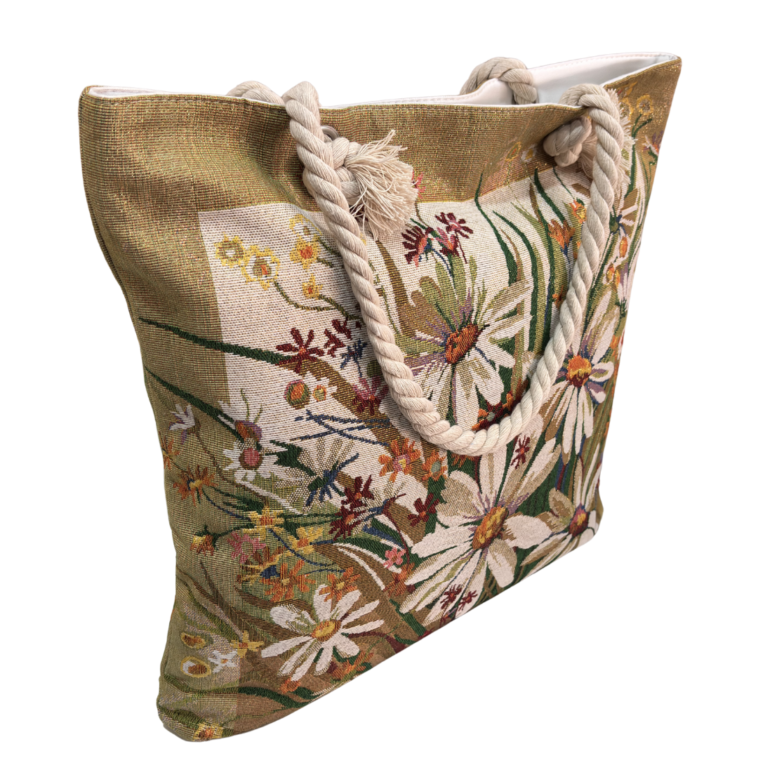 Peacock & Floral Print Canvas Beach Tote — Handcrafted Waterproof Tote with Zip Closure | The House of RajPadmini