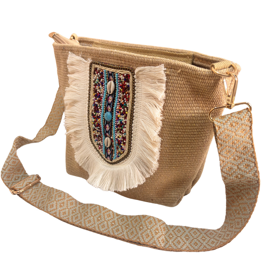 Handwork Bohemian Sling Bag | Canvas Fabric | Beaded Embellishment with Fringe | 21.5x27.9 cm