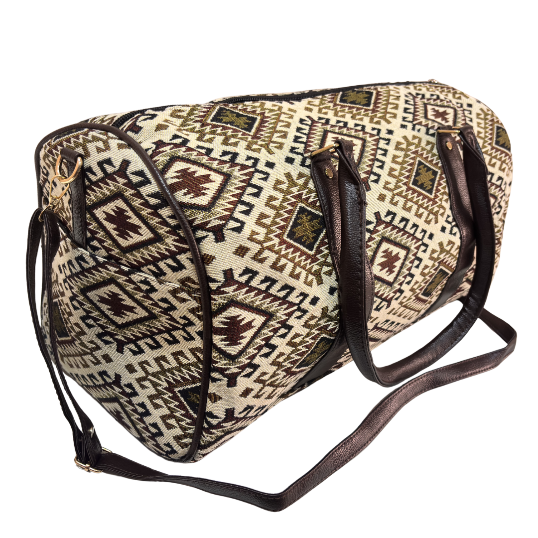 Close-up of cream and brown cotton blend fabric on RajPadmini handcrafted duffle