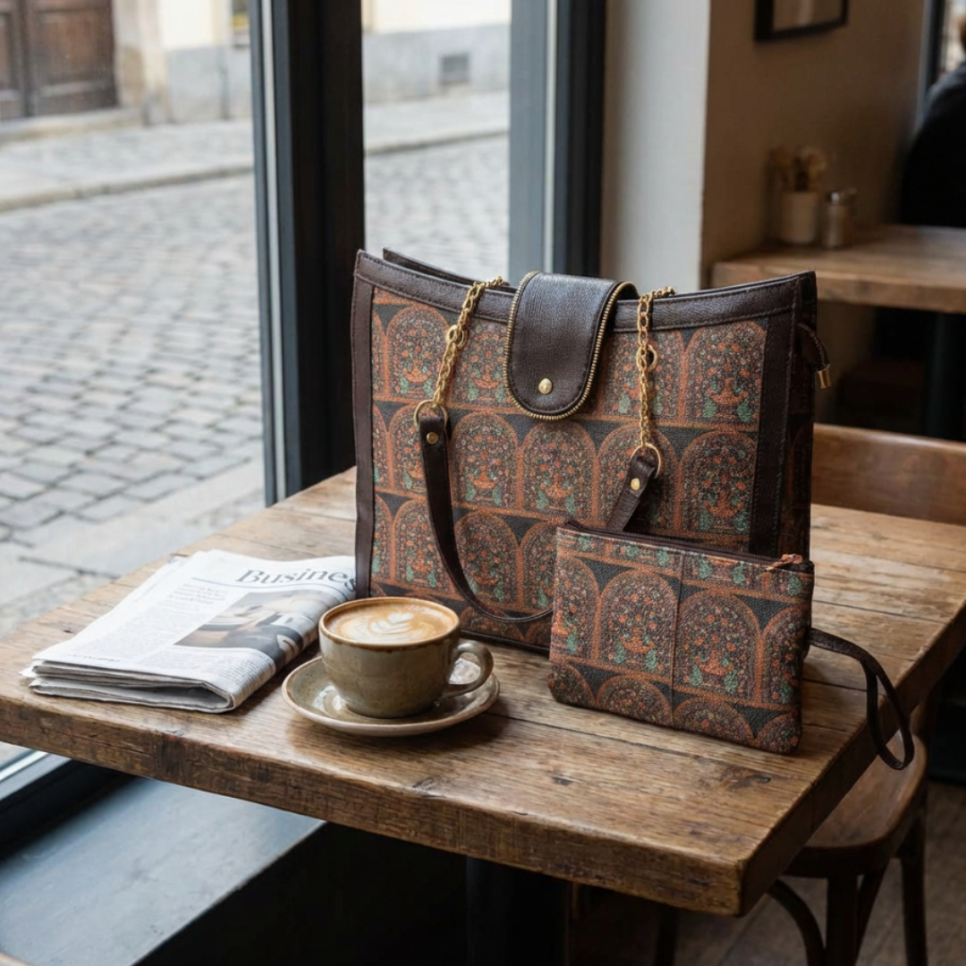Chain Handle Tote Bag for Women | Rajasthani Block Print with Gold Chain Handles & Matching Pouch